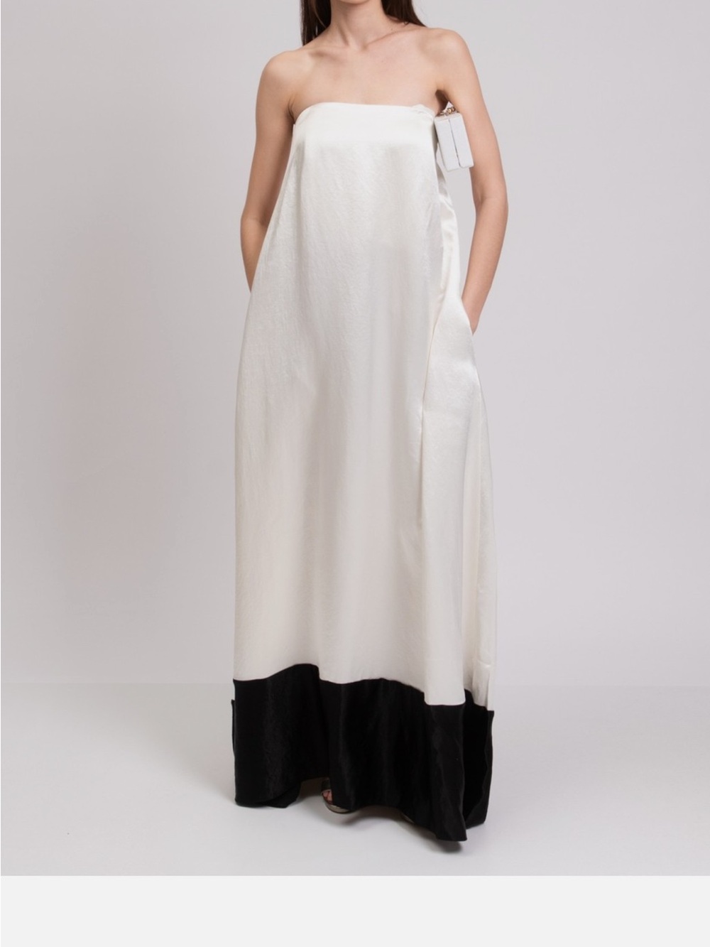 ABADIA Designer Satin Strapless Maxi Dress with Black Hem, Size L